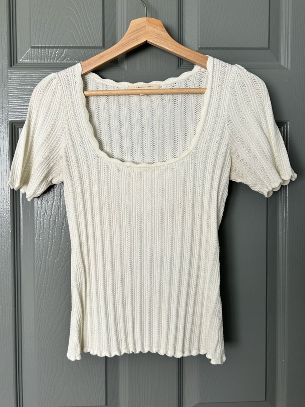 Women's Sezane Cream Ribbed Scoop Neck Top